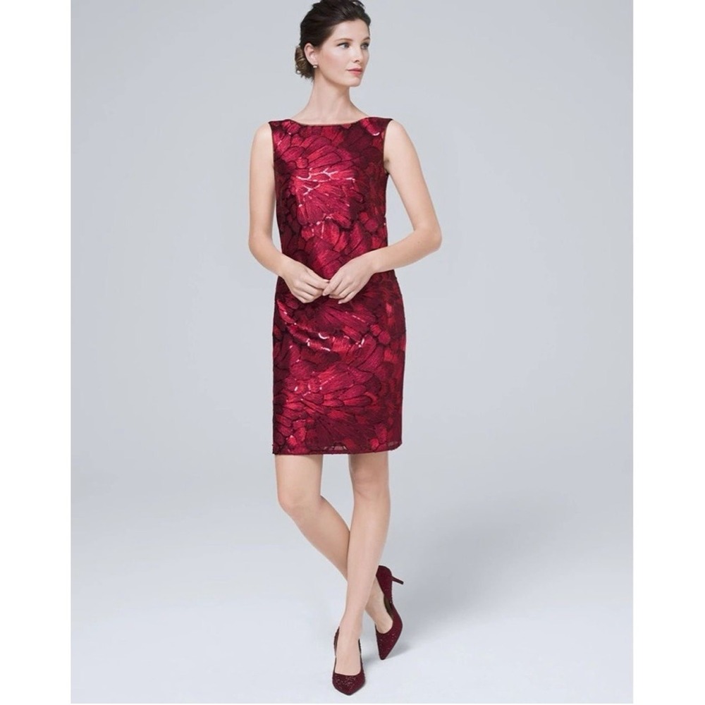 White House Black Market‎ Red Sequin Floral Sleeveless Sheath Dress 2